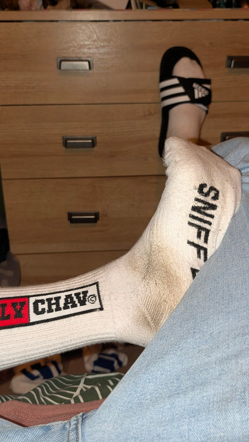 SOCKTOBER SOCKS white crew socks with black and red lettering