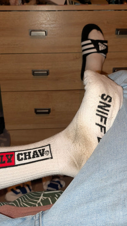 SOCKTOBER SOCKS white crew socks with black and red lettering