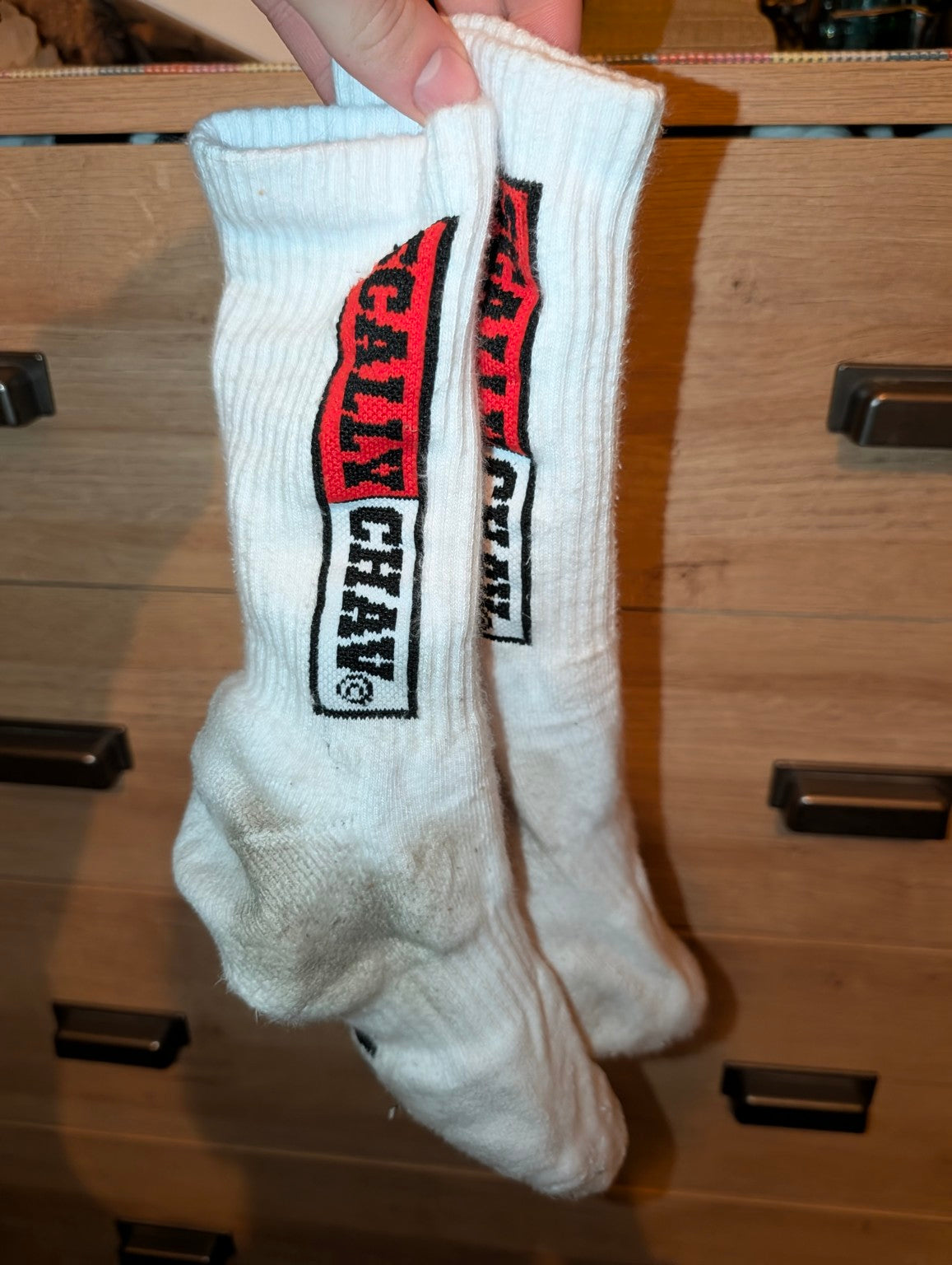 SOCKTOBER SOCKS white crew socks with black and red lettering
