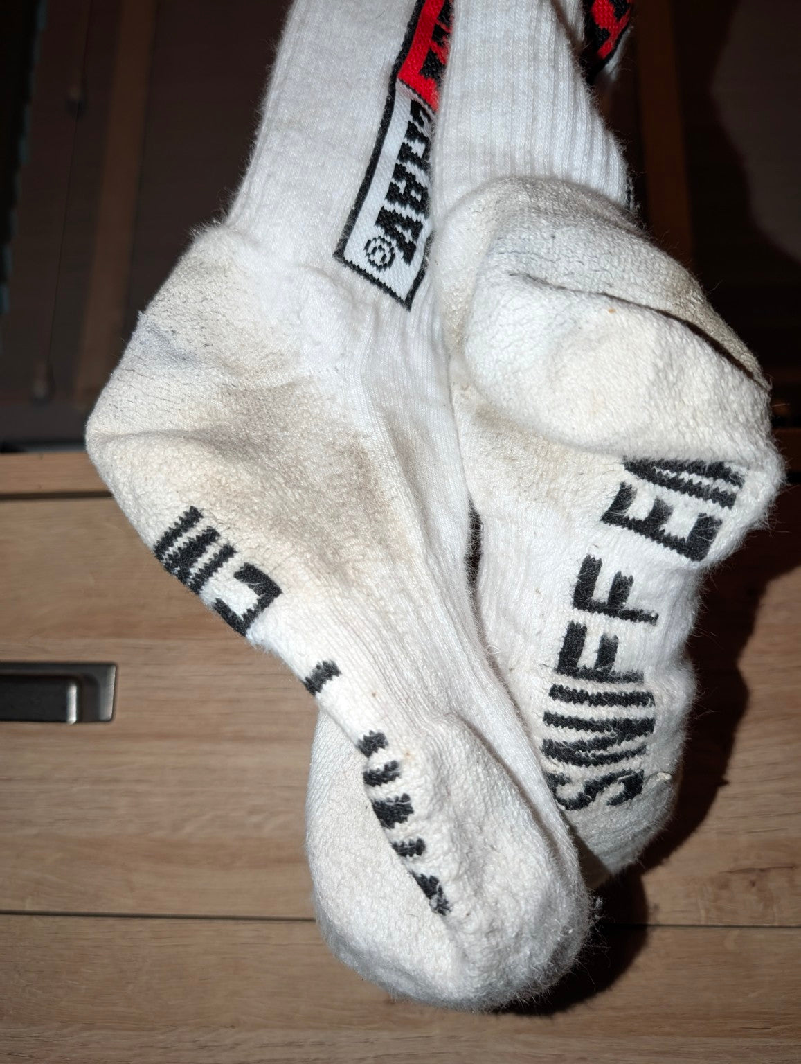 SOCKTOBER SOCKS white crew socks with black and red lettering